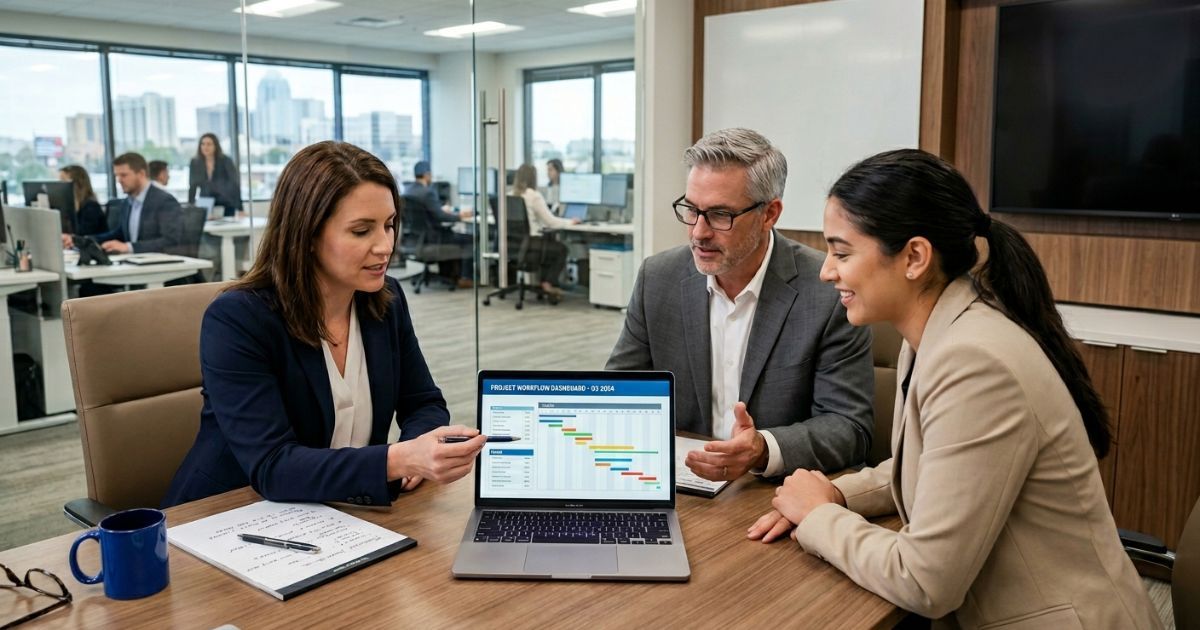 Three finance professionals reviewing a project workflow dashboard on a laptop in a conference room