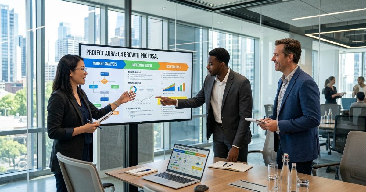 Three colleagues in a conference room reviewing a proposal draft displayed on a large monitor.