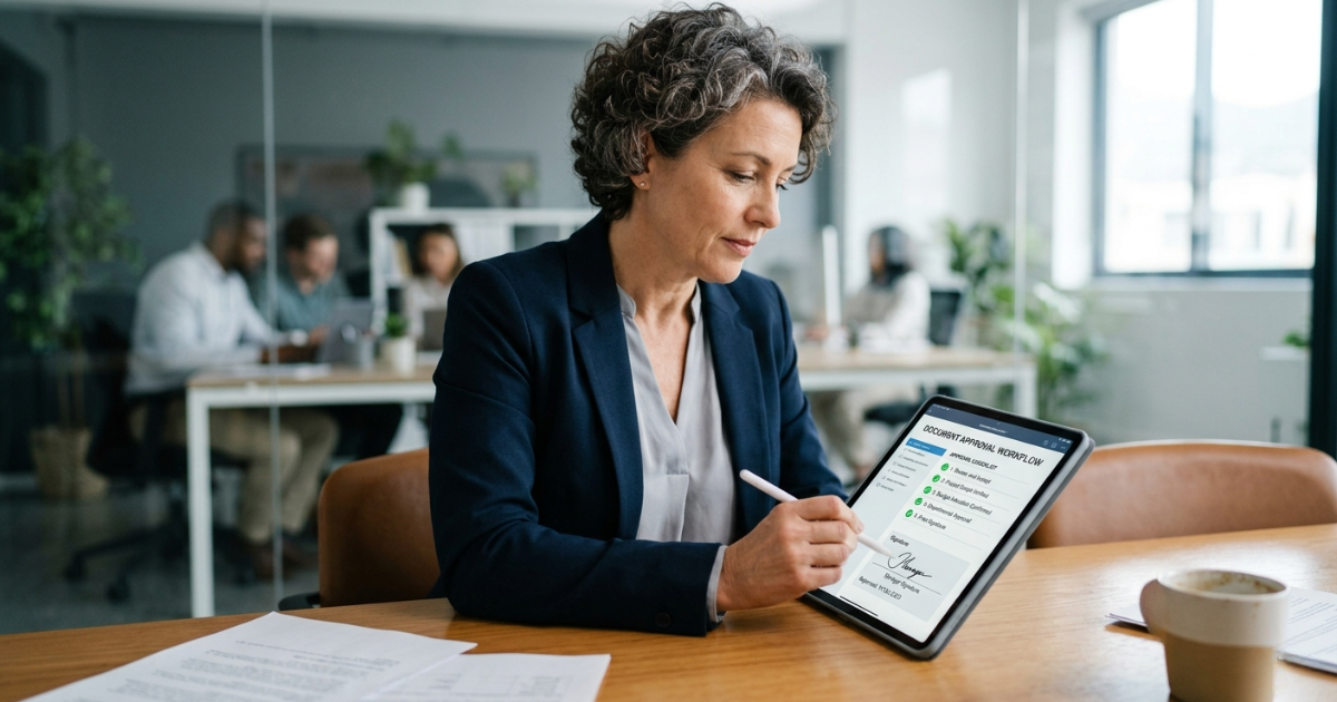 Manager reviewing a document approval checklist on a tablet
