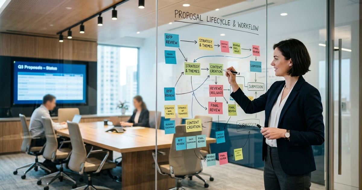 Proposal manager sketching an RFP workflow diagram on a glass whiteboard in a conference room