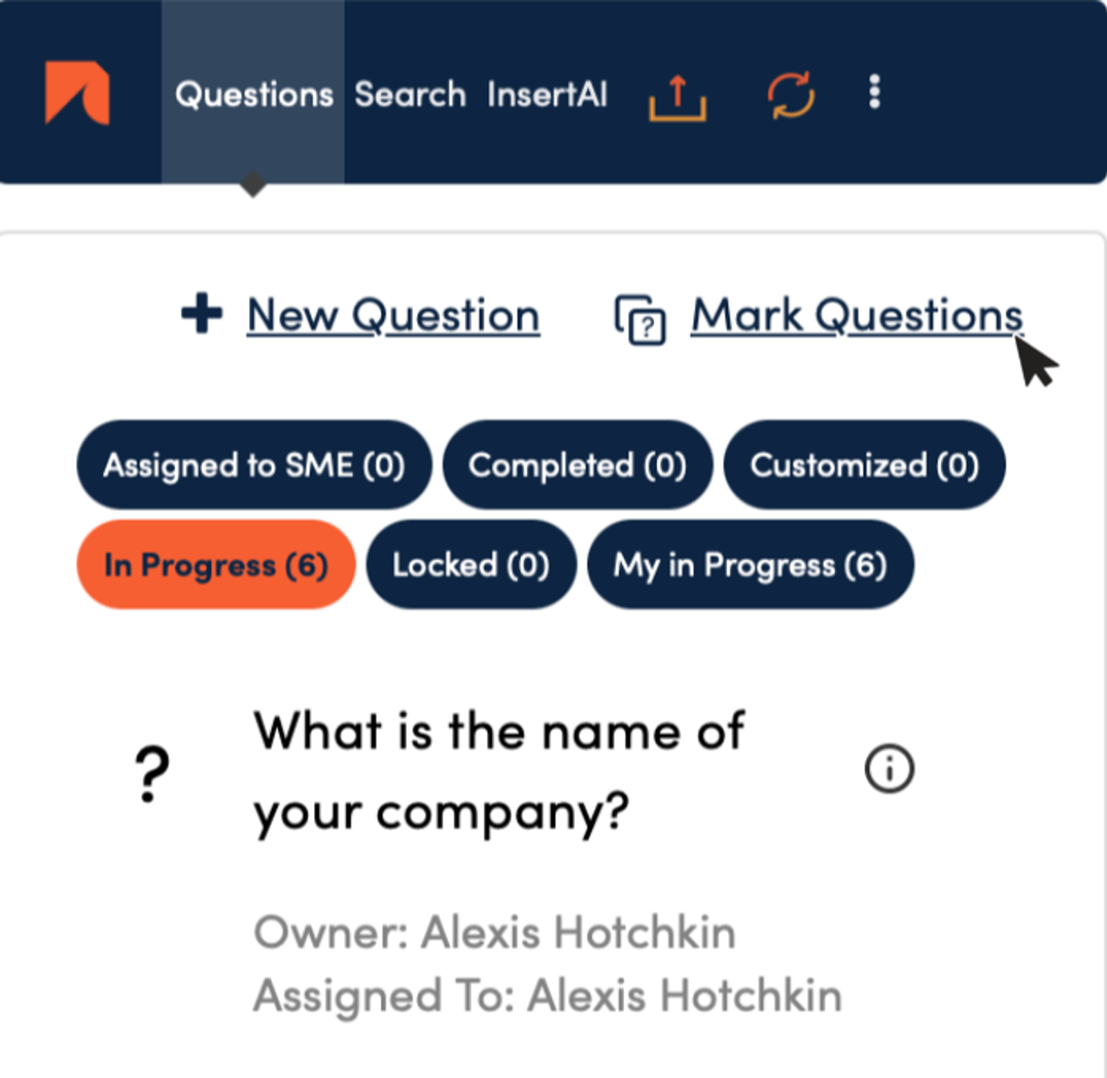 RocketDocs LaunchPad questions view with status filters, In Progress badge, and Mark Questions button with a sample question