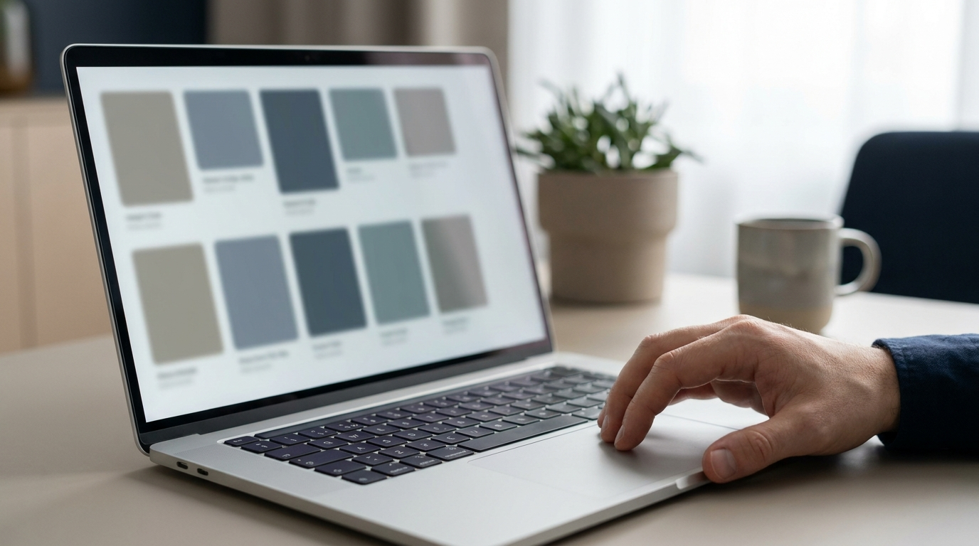 Laptop showing an abstract comparison grid of blank cards side by side