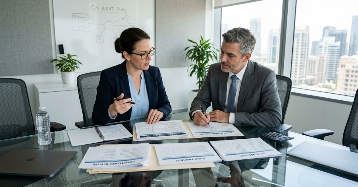 Two professionals reviewing compliance checklists and audit documents in a conference room