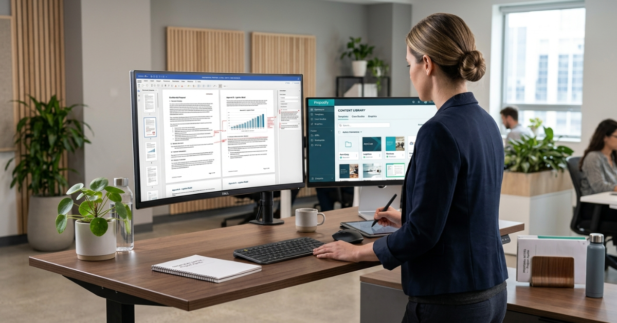 Proposal manager reviewing a business proposal document alongside a content library interface on dual monitors