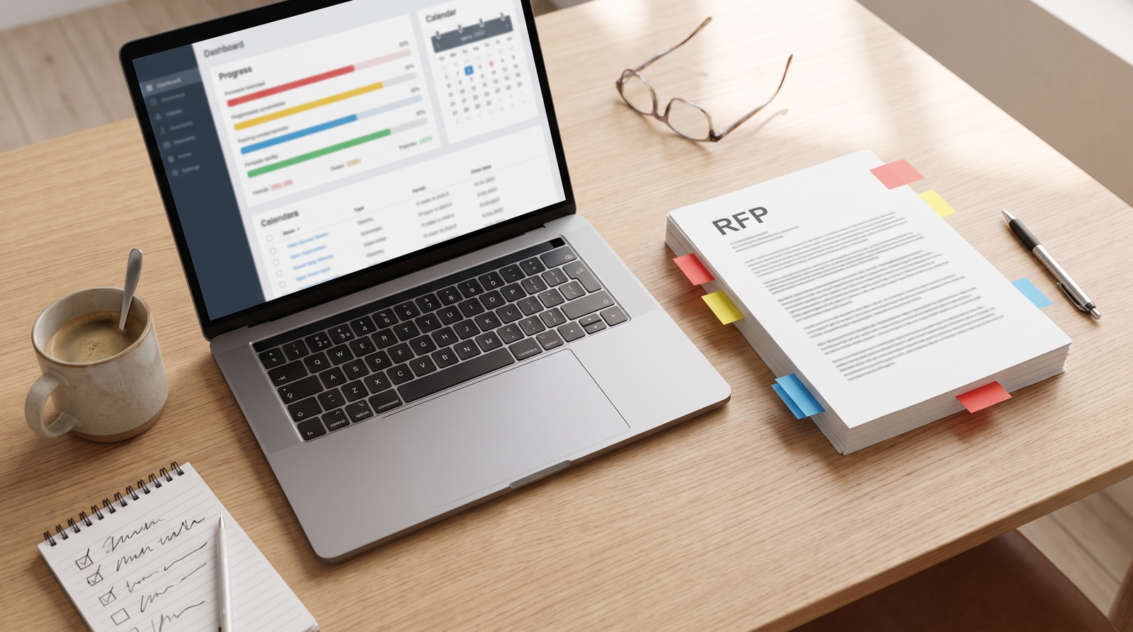 Desk with laptop showing task assignments and due dates beside a printed RFP with sticky tabs and a handwritten checklist
