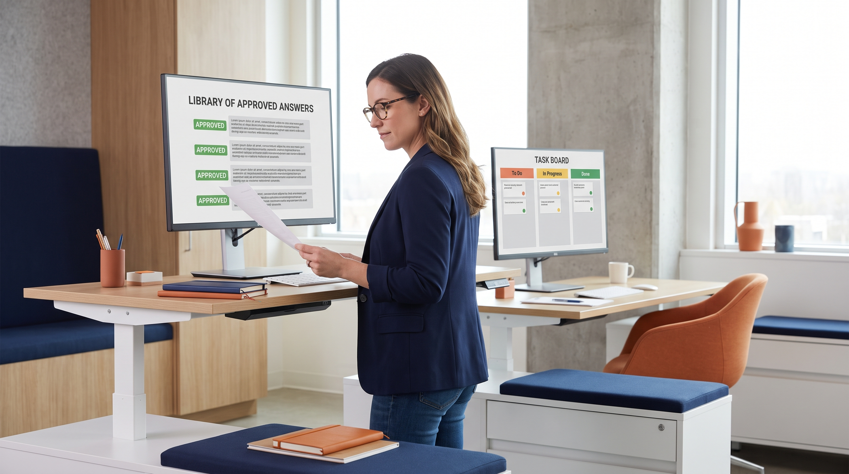 Proposal manager reviewing a library of approved answers on a large monitor