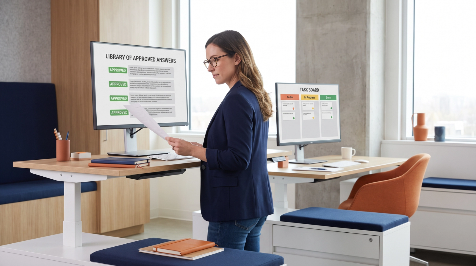 Proposal manager reviewing a library of approved answers on a large monitor