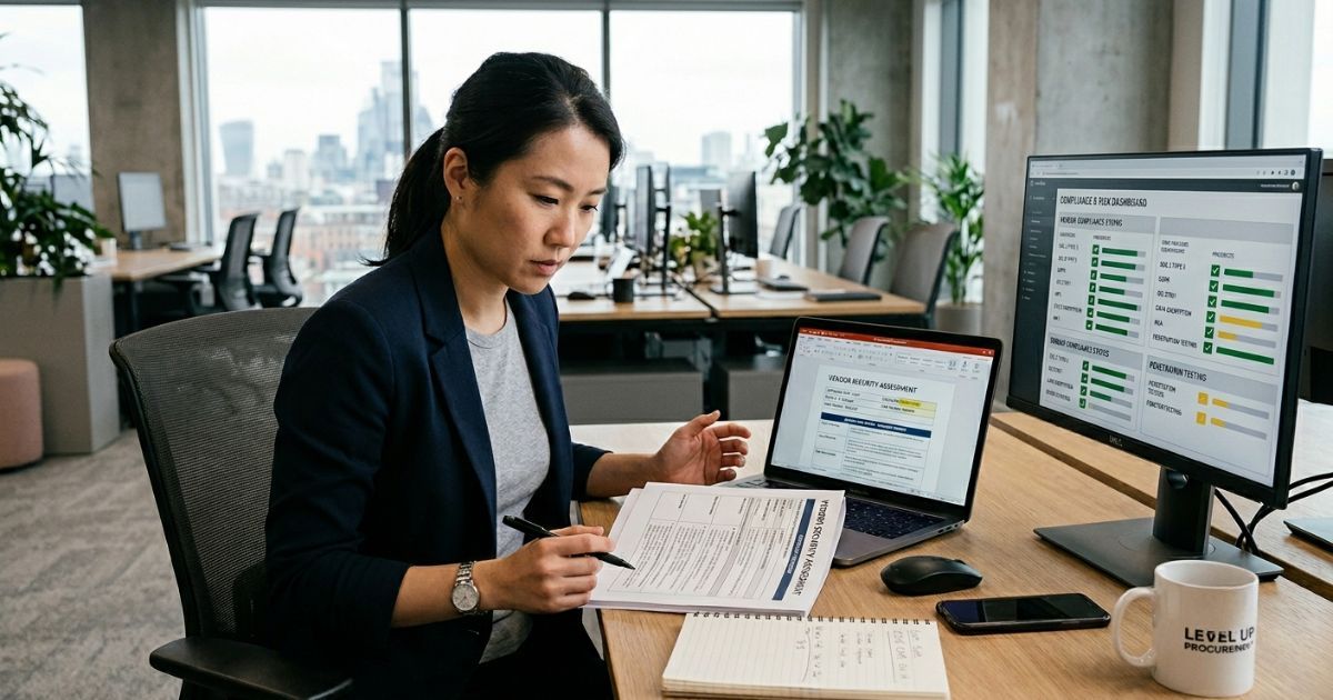 Procurement professional reviewing a vendor security assessment on a laptop with a compliance dashboard on a second monitor