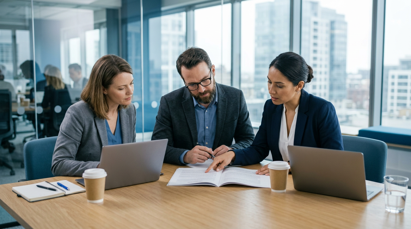 Procurement and legal team reviewing a printed contract together at a conference table