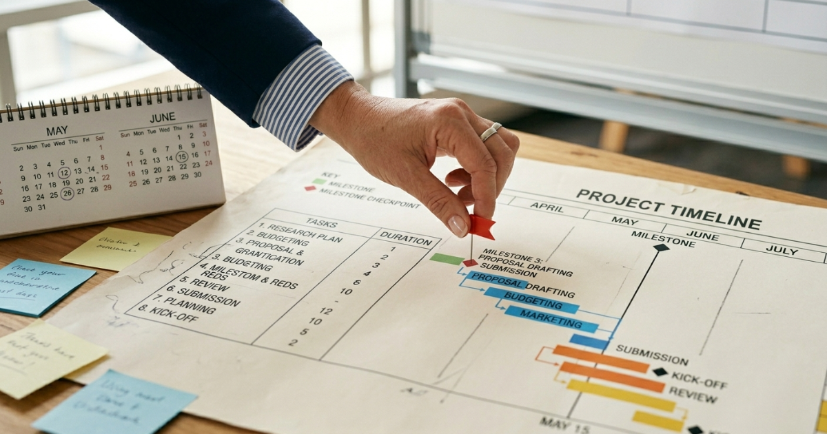 Hand placing a marker pin on a printed project timeline at a checkpoint