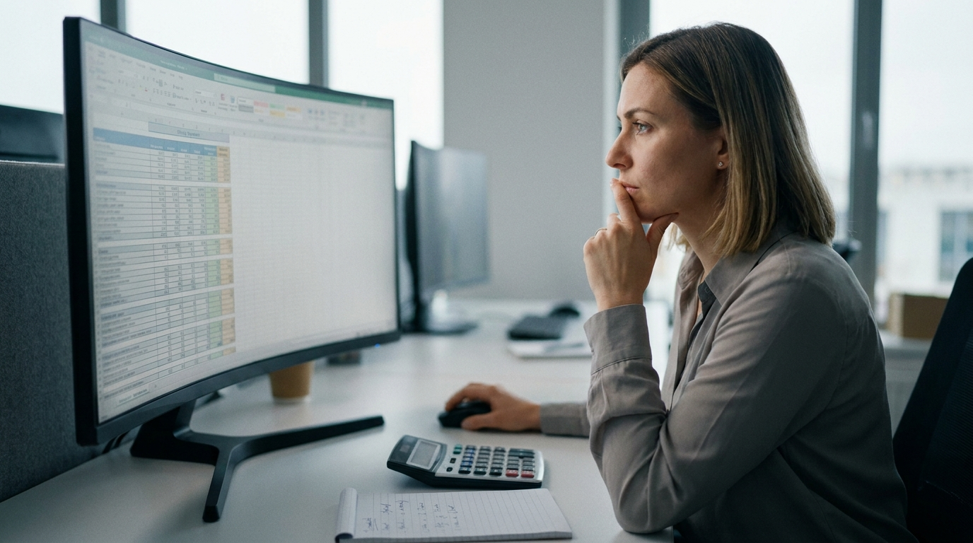 Finance analyst studying pricing tiers and spreadsheets on a large monitor