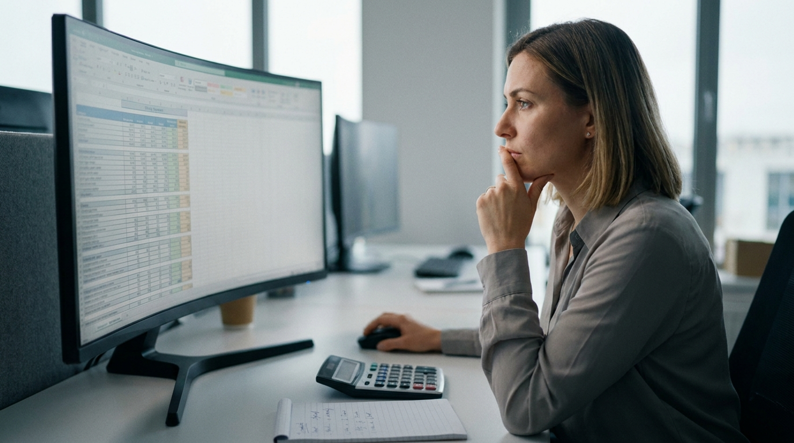 Finance analyst studying pricing tiers and spreadsheets on a large monitor