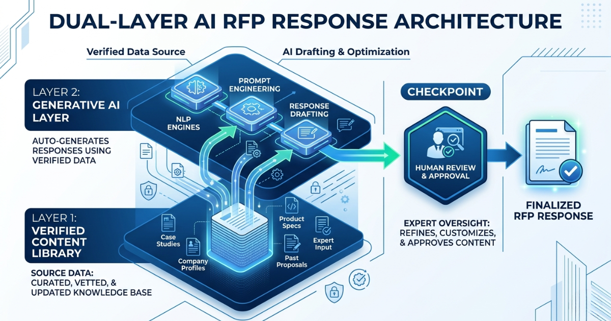 Infographic showing RocketDocs dual-layer AI RFP response architecture with a verified content library feeding into a generative AI layer followed by a human review and approval checkpoint