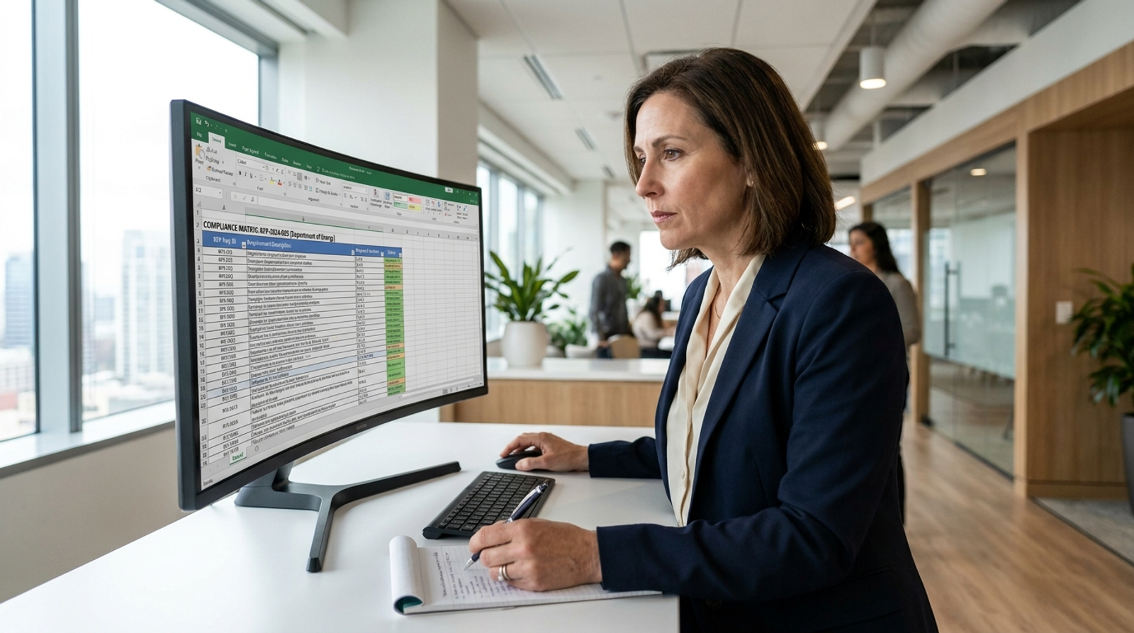 Proposal manager reviewing a compliance matrix spreadsheet on a widescreen monitor