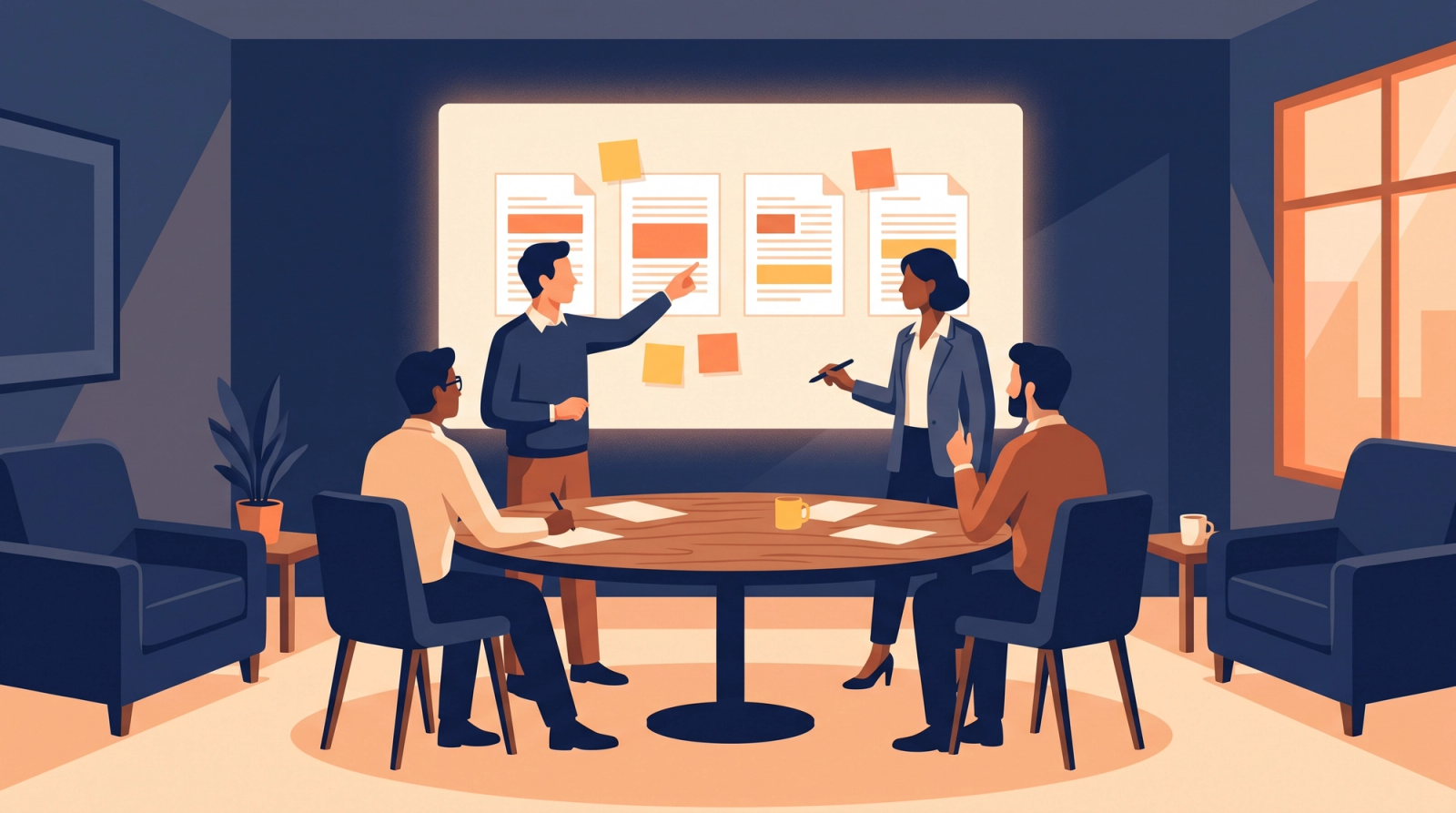 Four colleagues around a conference table reviewing proposal pages and sticky notes on a wall screen
