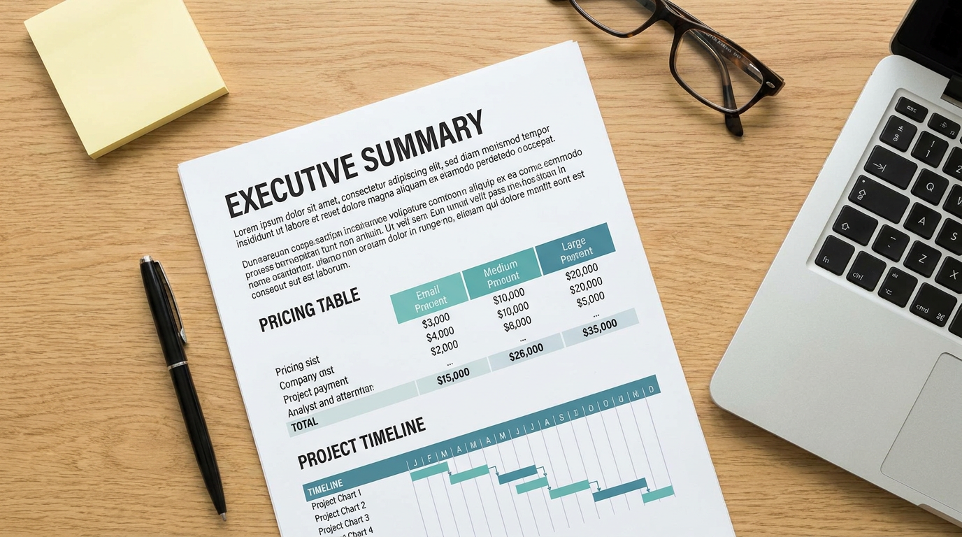 Printed business proposal open to an executive summary and pricing table with a pen and sticky notes on a desk