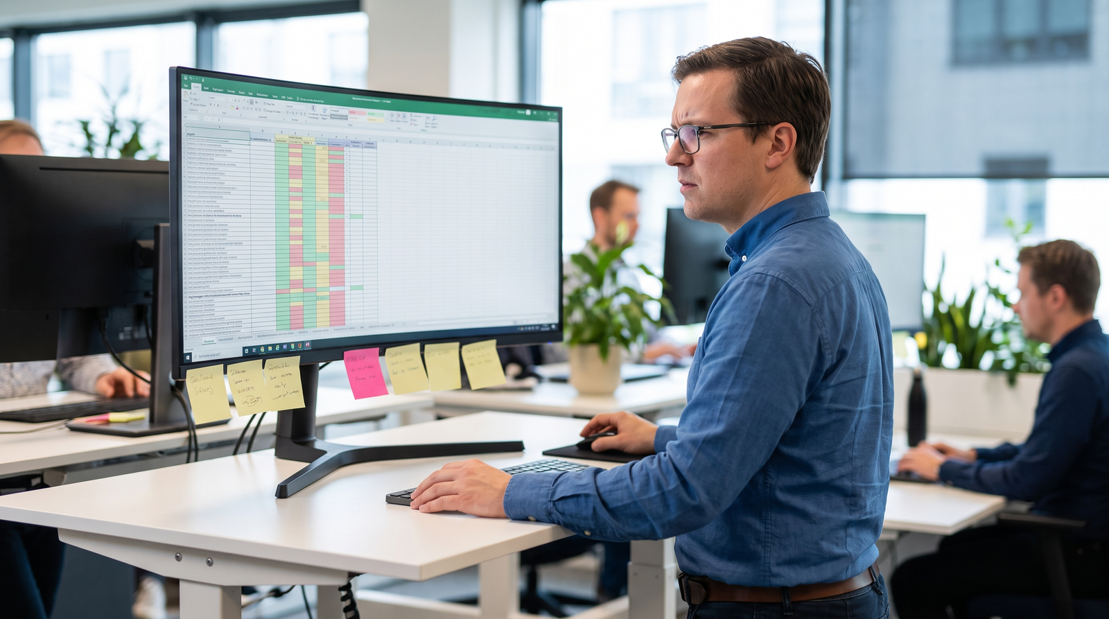 Security analyst reviewing a multi-tab questionnaire spreadsheet on a widescreen monitor