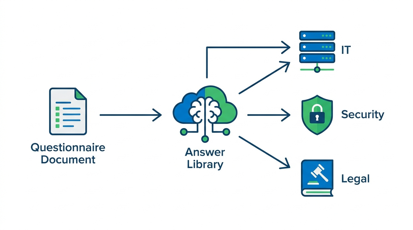 Analyst routing questionnaire items from an approved answer library to reviewers