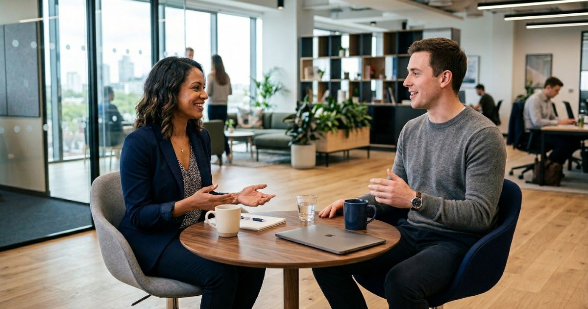 Two colleagues having a candid conversation at a small office table