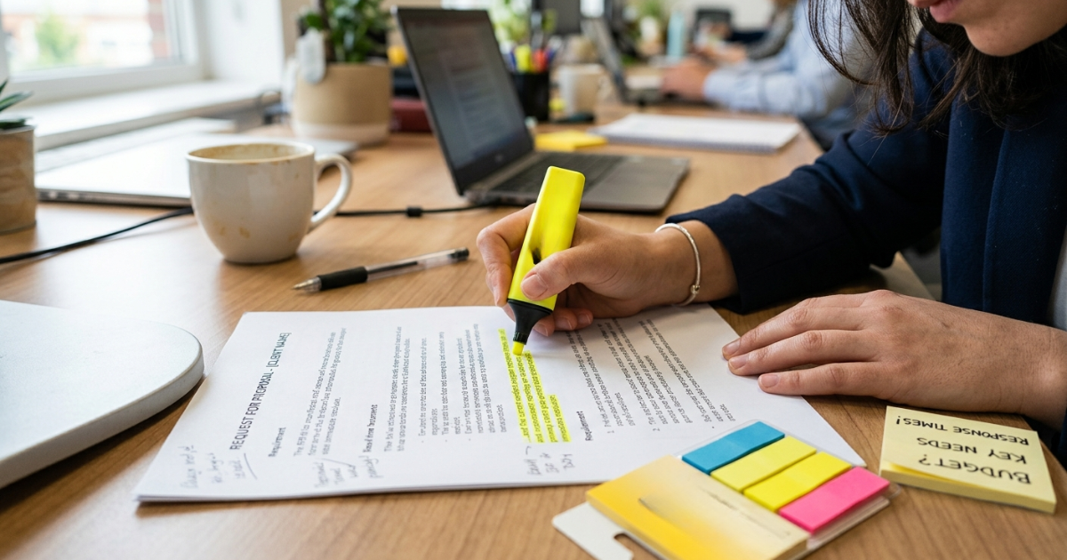 Hand highlighting key pain points on a printed RFP document