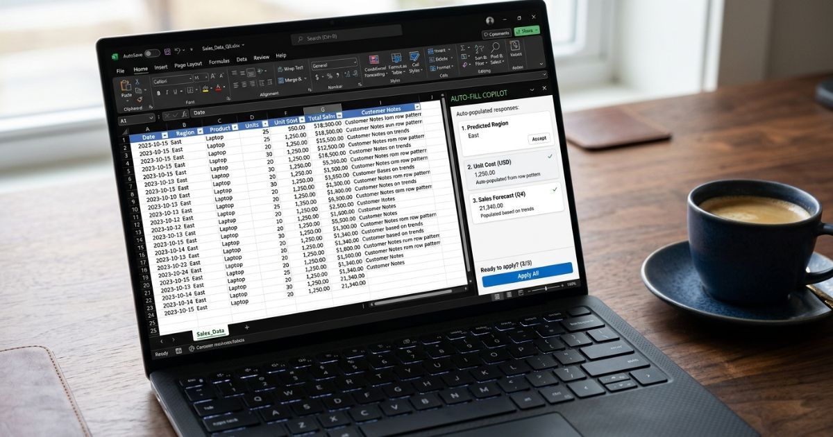 Laptop screen showing an Excel spreadsheet with an RFP add-in panel auto-populating response fields
