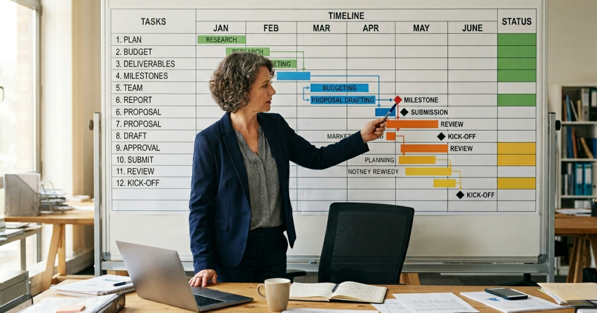 Person reviewing a Gantt chart with colored task bars on a wall mounted timeline