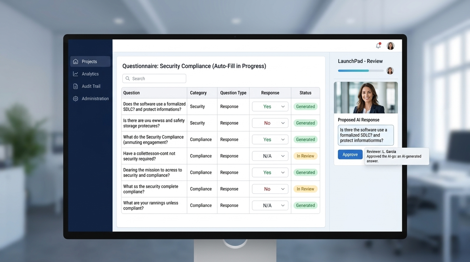 RocketDocs dashboard with an Excel questionnaire grid auto-filling dropdown answers and a LaunchPad review panel