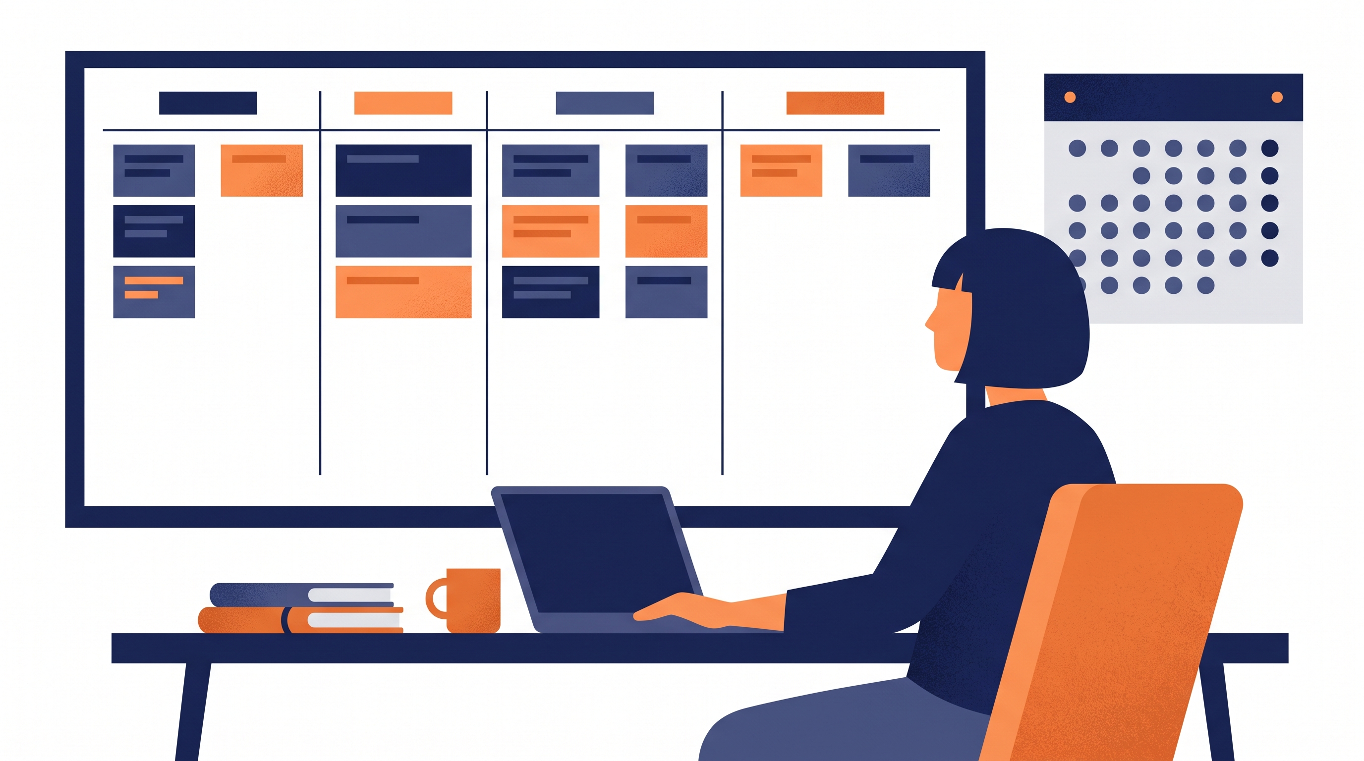Proposal manager at a desk reviewing a task board with columns of cards and a wall calendar