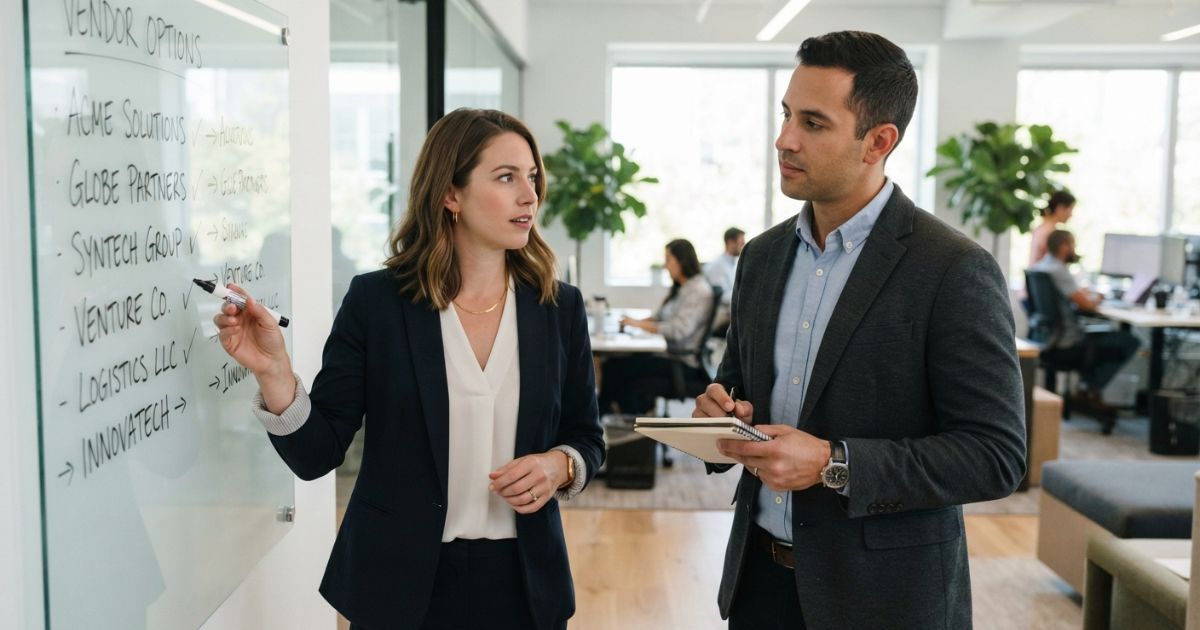 Two colleagues discussing a vendor shortlist in an office