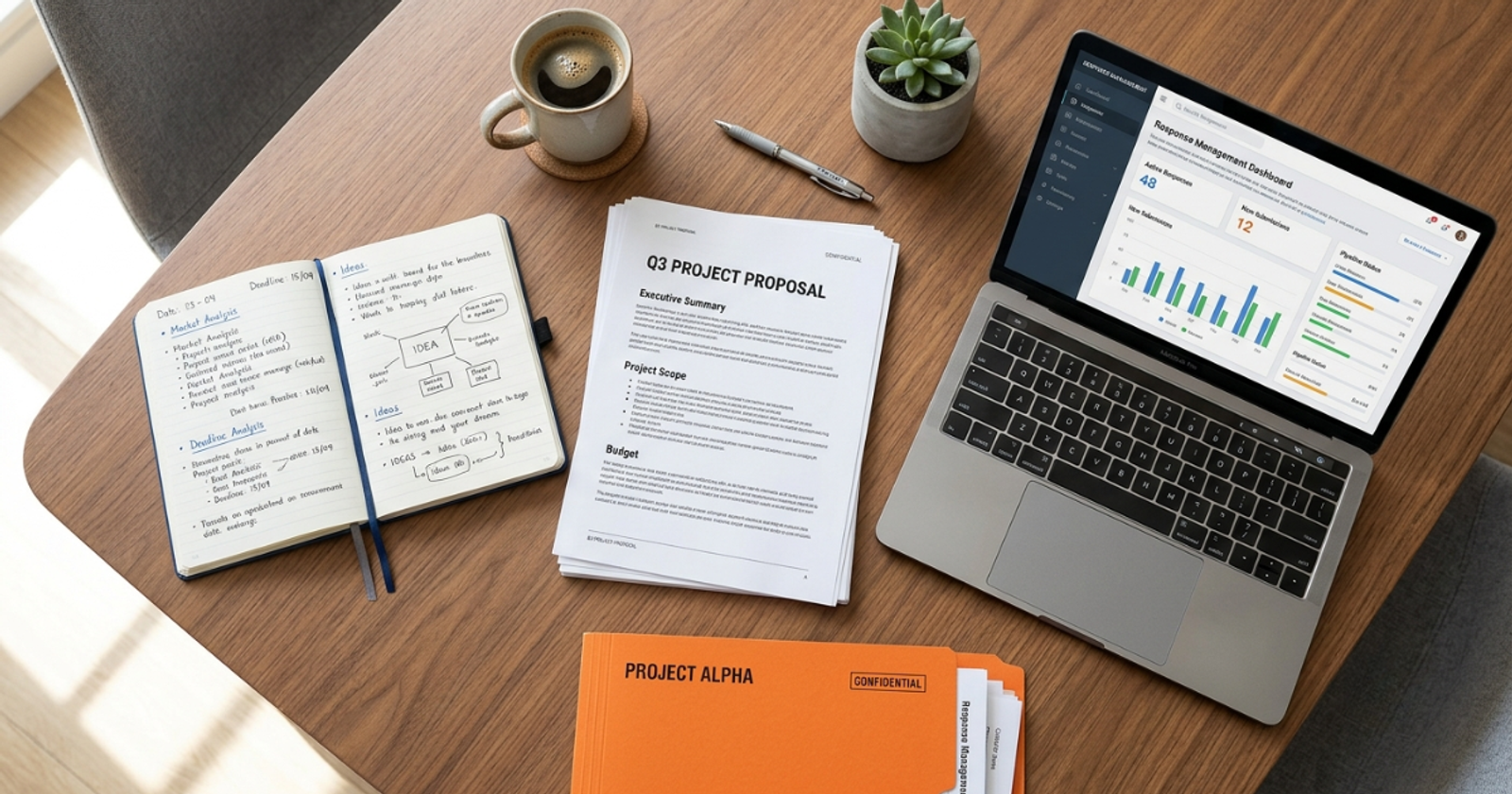 Top-down view of a conference table with proposal documents, a response management dashboard, and team notes