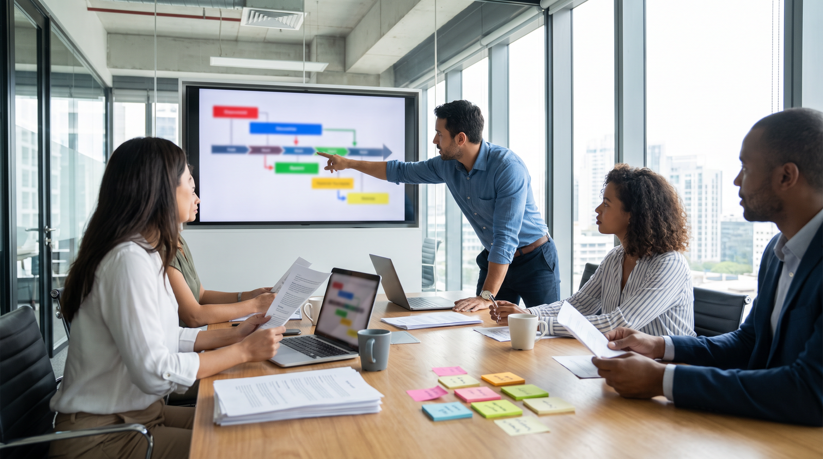 Colleagues around a conference table at a proposal kickoff with a color-coded timeline on a wall monitor