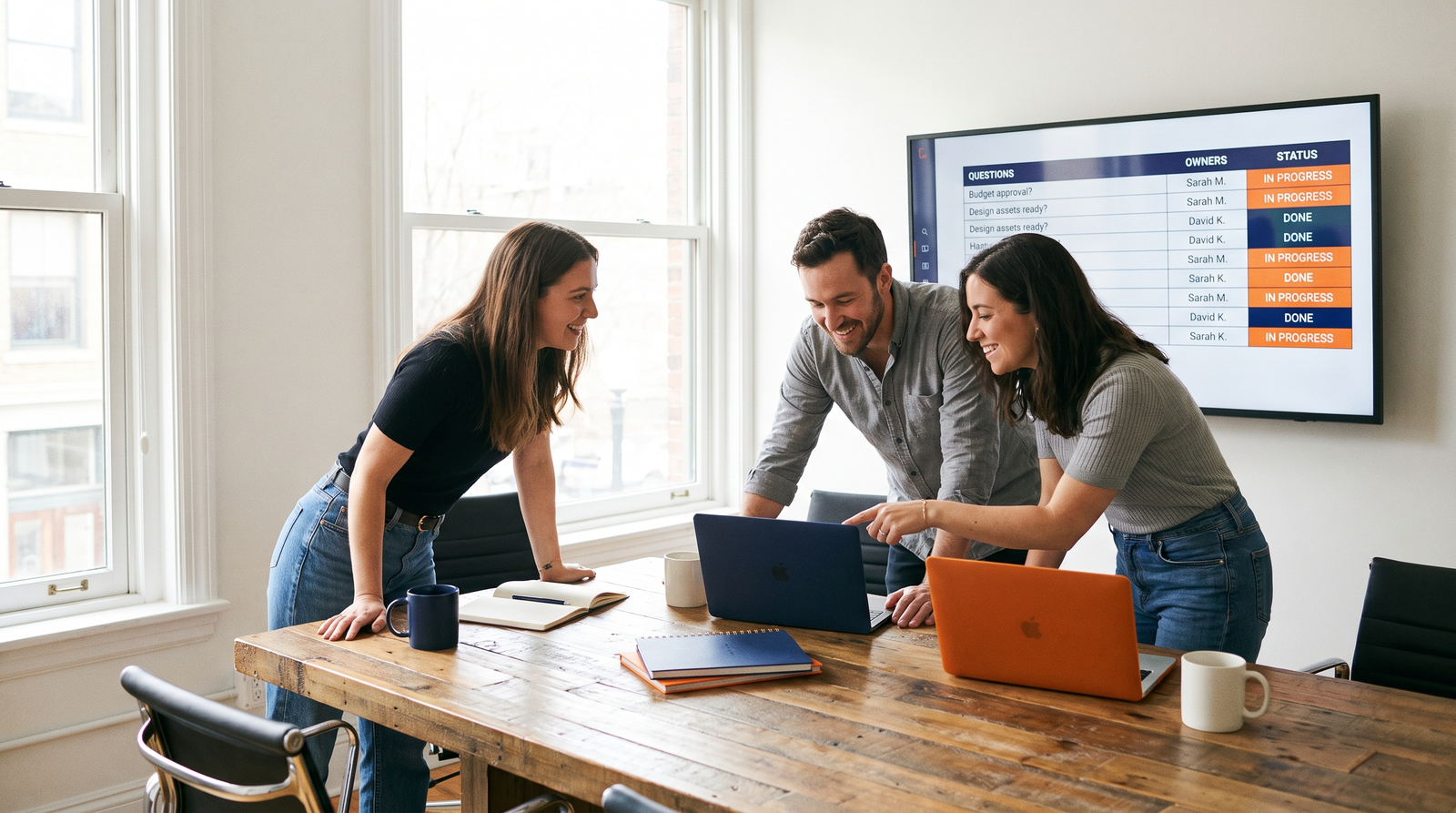 Colleagues around a conference table reviewing a shared tracker of questions, owners and statuses on a wall monitor