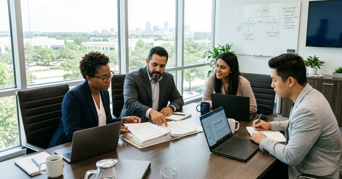 Compliance team reviewing a due diligence document at a conference table