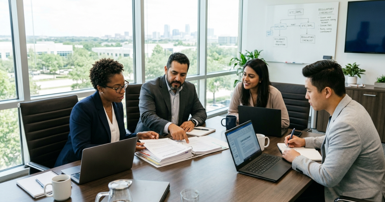 Compliance team reviewing a due diligence document at a conference table