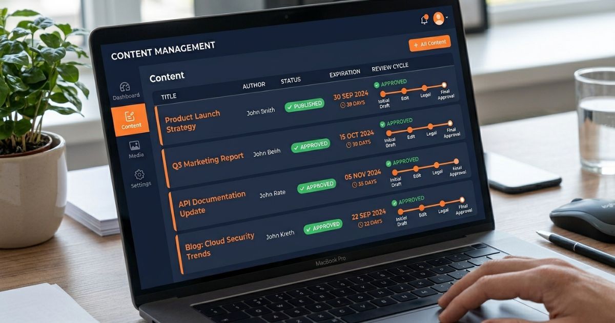 Content management dashboard showing review cycle timelines and approval status indicators