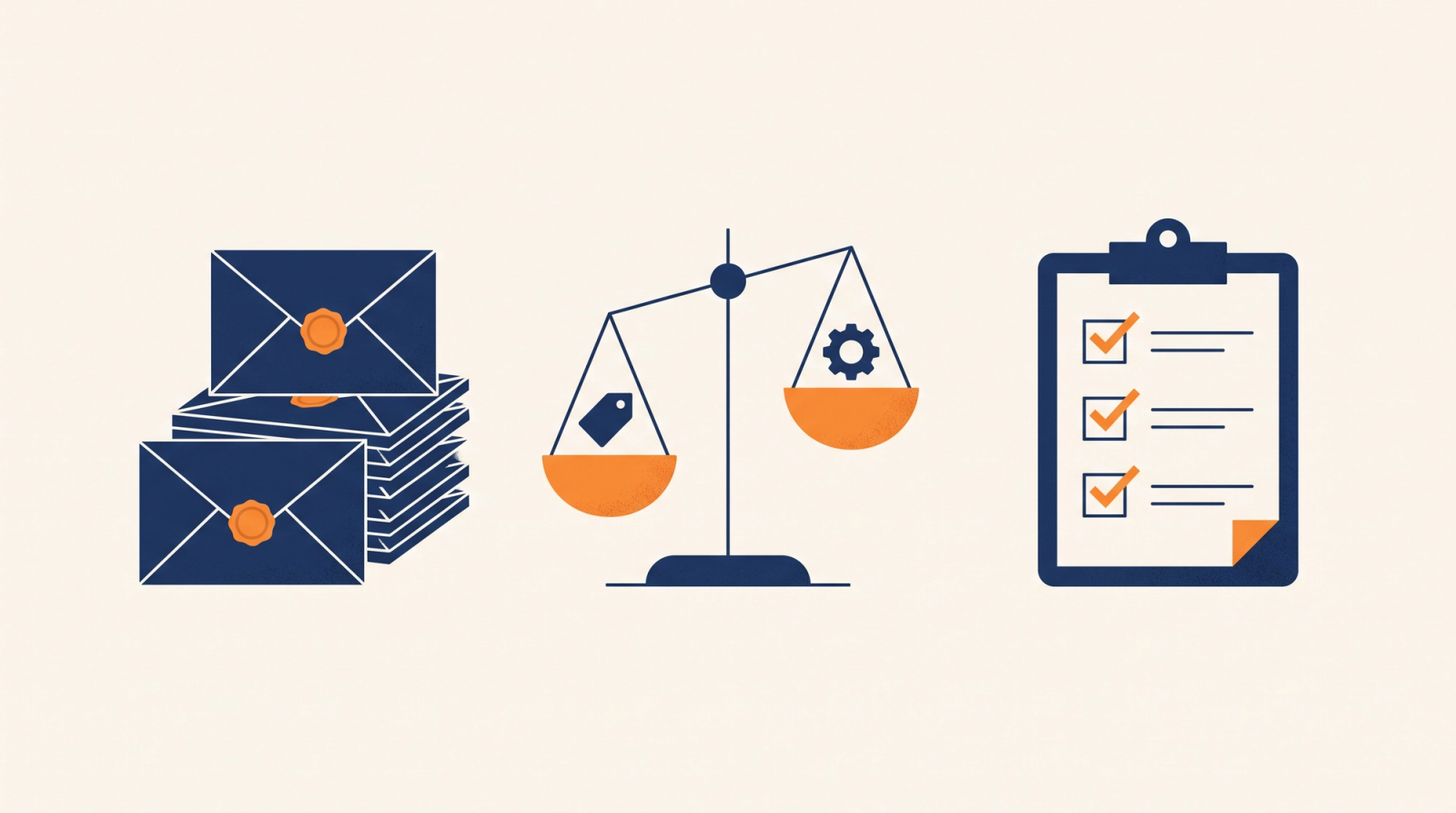 Sealed bid envelopes, a balance scale and a ticked evaluation checklist in a flat illustration