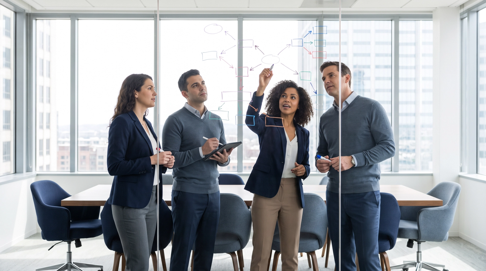 Procurement team at a whiteboard mapping competitive and noncompetitive award paths