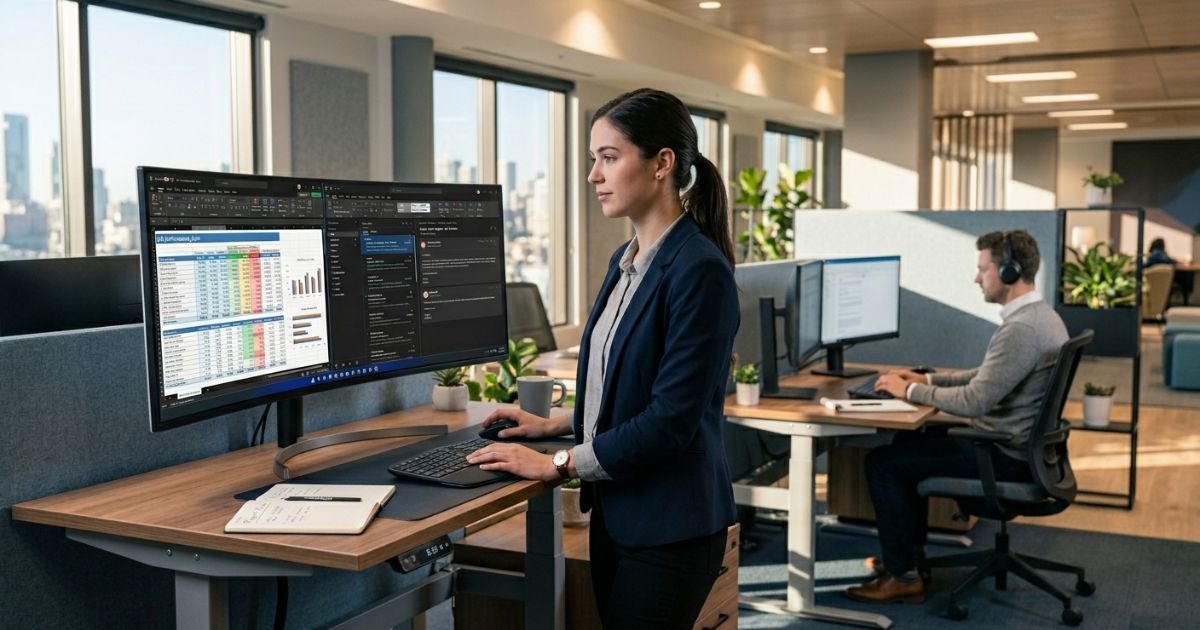 Professional reviewing cluttered spreadsheets and email threads on dual monitors in a modern office