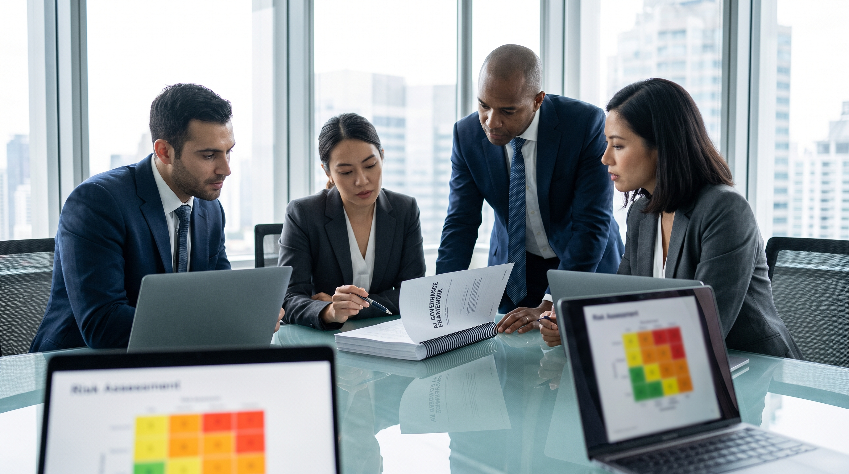 Compliance team reviewing an AI risk framework document at a conference table