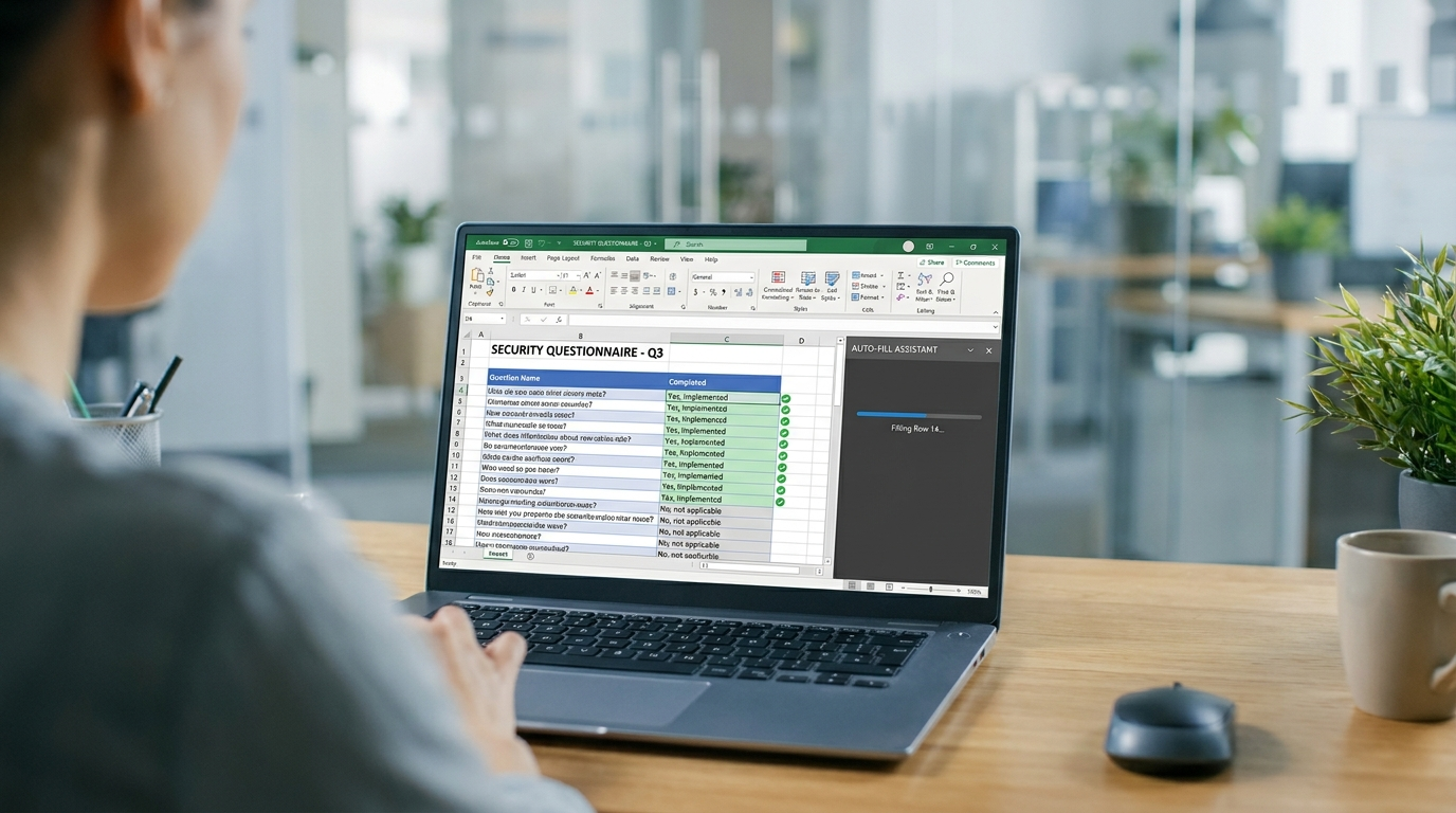 Excel questionnaire with an autofill side panel populating security answers on a laptop screen
