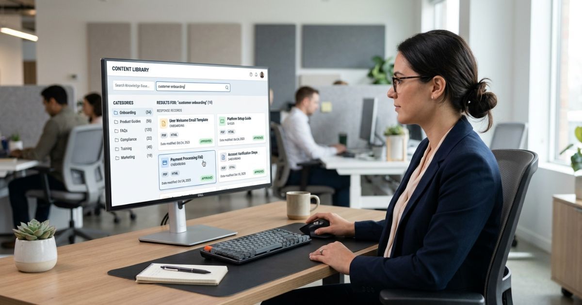 Professional reviewing a searchable RFP content library on a desktop monitor