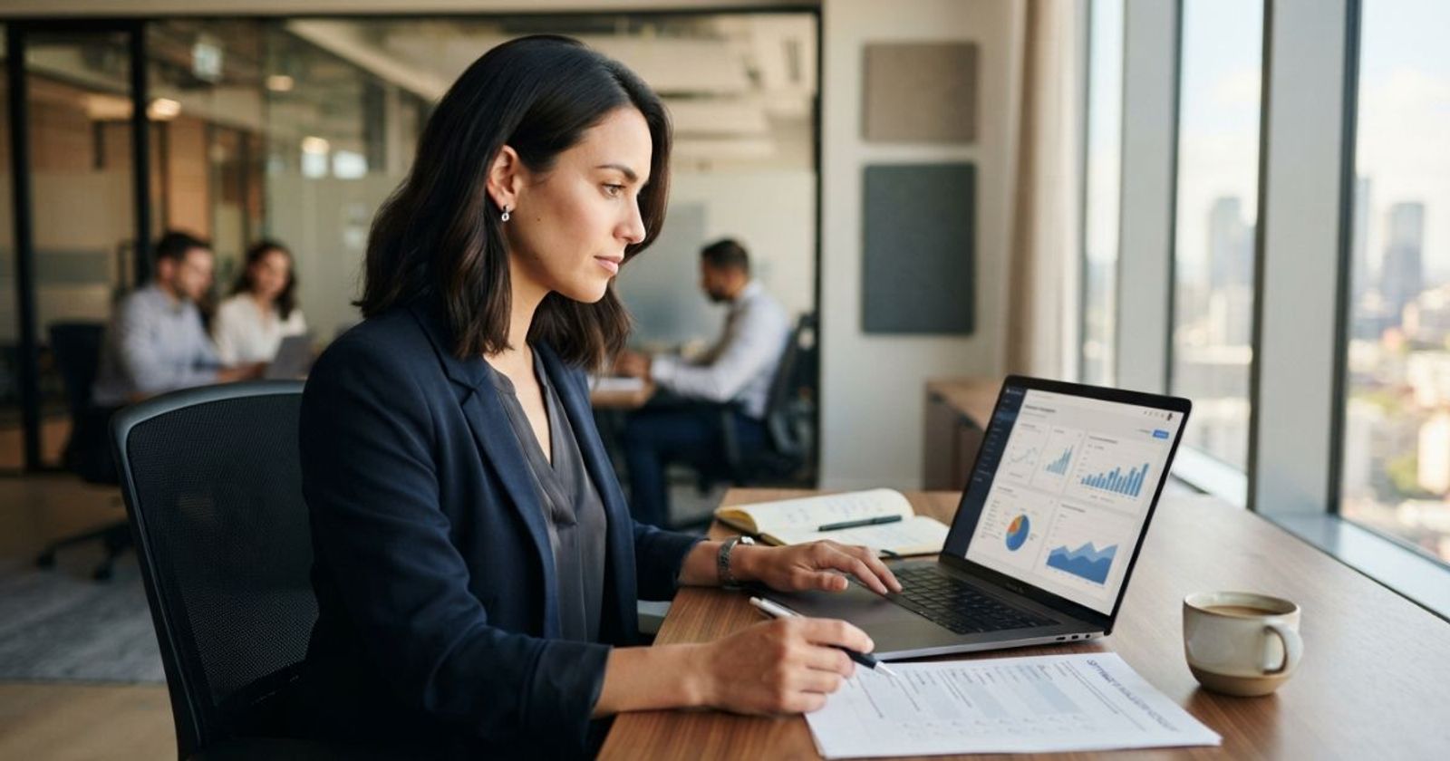 Financial services professional comparing software options on a laptop