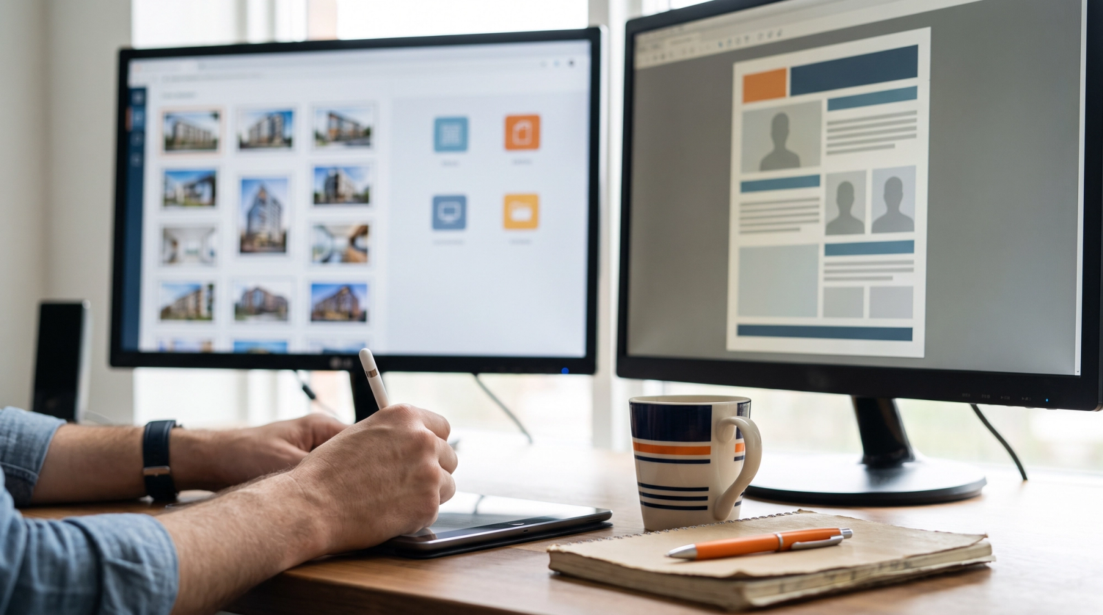 Proposal manager at a desk with two monitors showing project profile cards and a staff resume being assembled