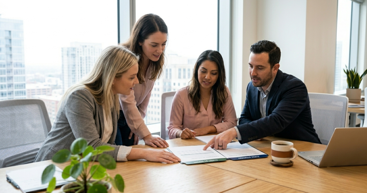 Procurement team reviewing a proposal document together at a conference table