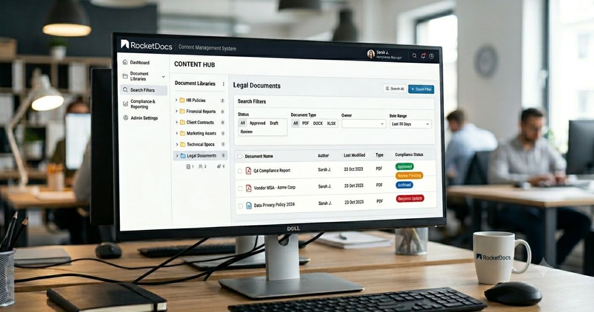 Content management interface showing categorized proposal libraries and compliance status filters