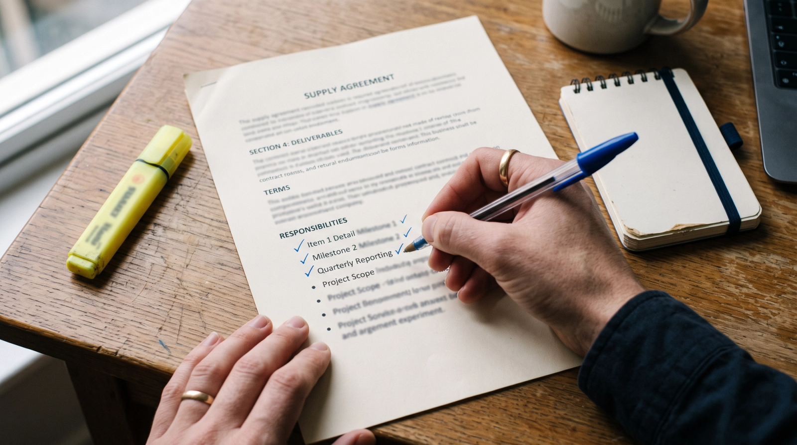 Close-up of a statement of work page with deliverables and acceptance criteria marked in pen