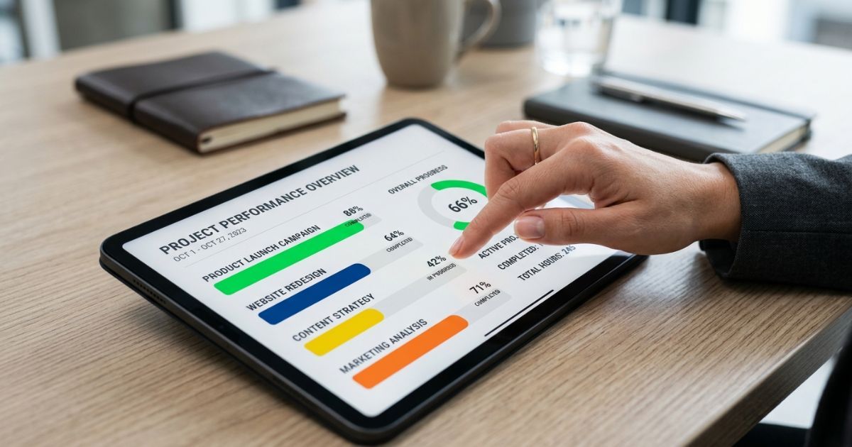 Professional reviewing RFP response analytics with progress bars and completion data on a tablet
