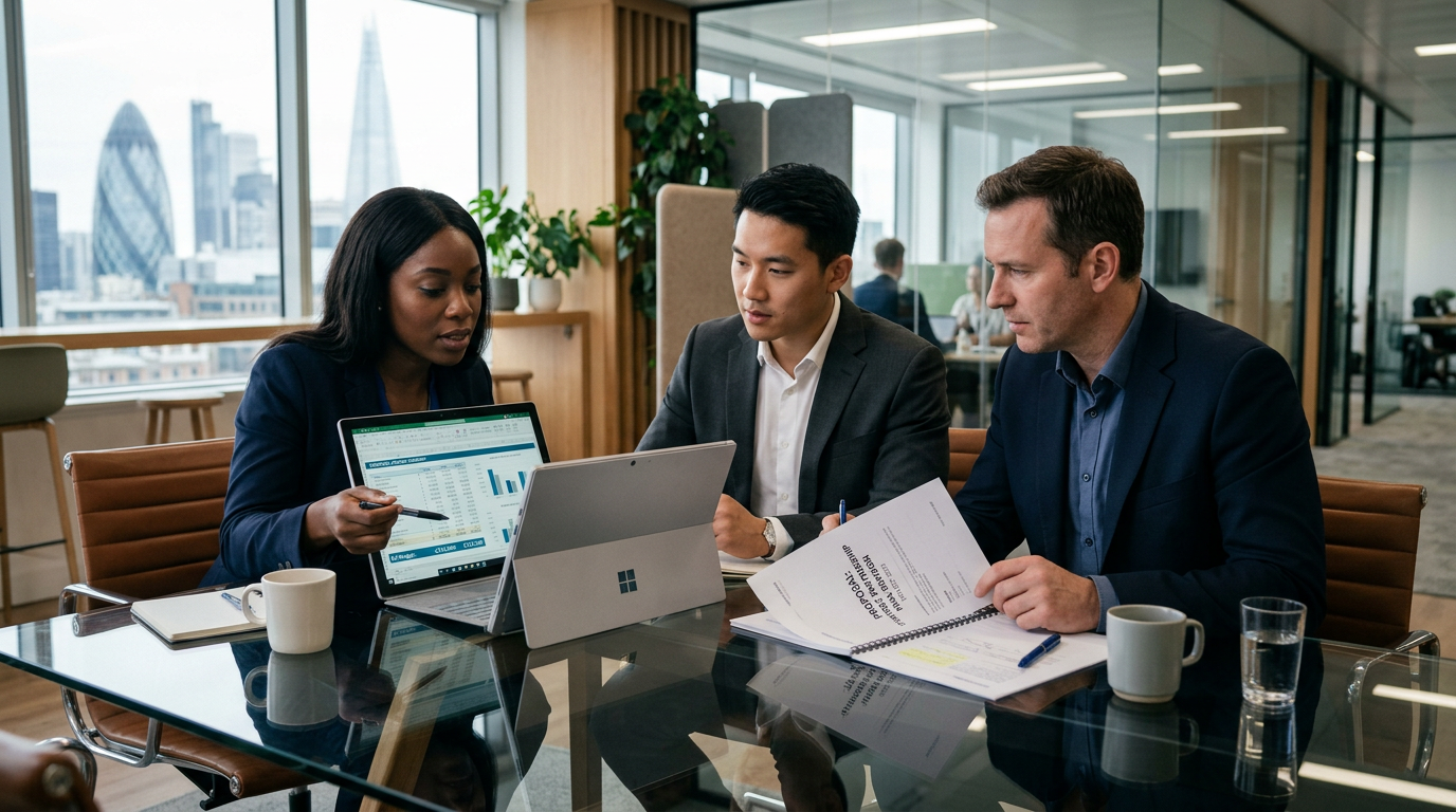 Proposal team reviewing a printed final revision and pricing spreadsheet at a conference table