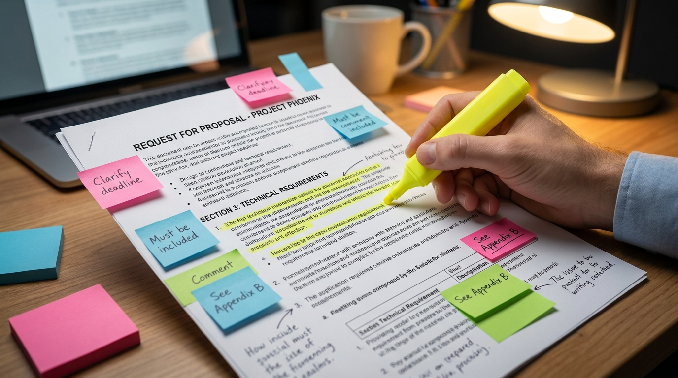 Highlighted RFP document marked up into individual requirements on a desk