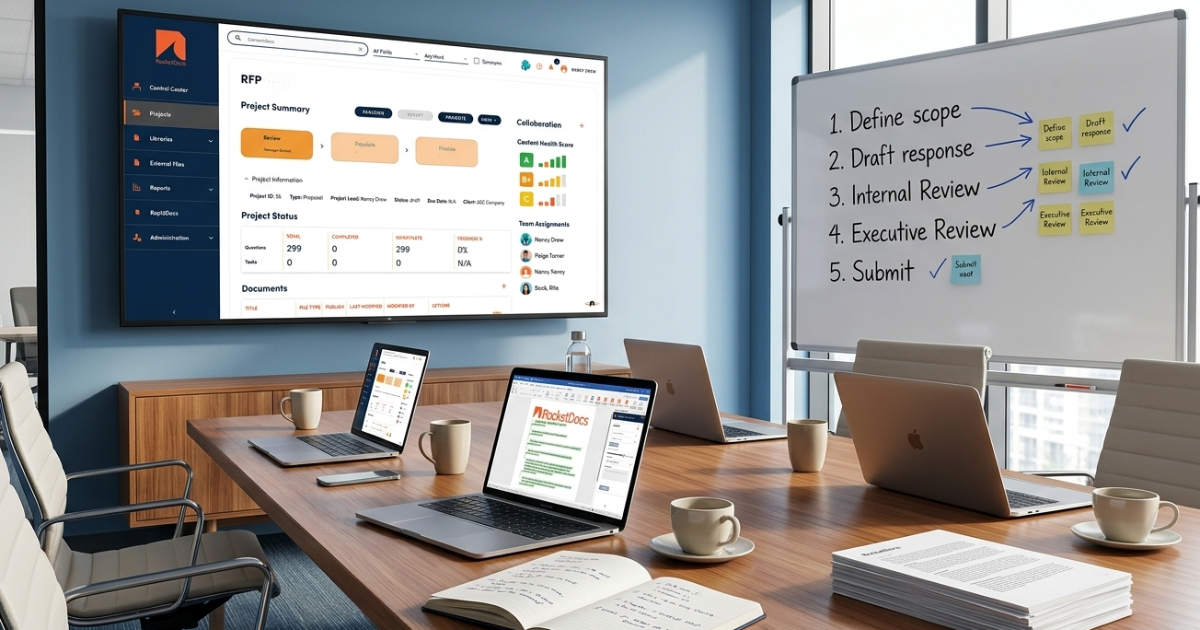 Conference room with a wall monitor showing the RocketDocs RFP project summary dashboard and a whiteboard listing a five-step proposal workflow from define scope to submit
